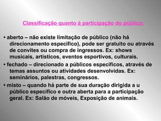 Classificação quanto à participação do público:
• aberto – não existe limitação de público (não há
direcionamento específico), pode ser gratuito ou através
de convites ou compra de ingressos. Ex: shows
musicais, artísticos, eventos esportivos, culturais.
• fechado – direcionado a públicos específicos, através de
temas assuntos ou atividades desenvolvidas. Ex:
seminários, palestras, congressos.
• misto – quando há parte de sua duração dirigida a u
público específico e outra aberta para a participação
geral. Ex: Salão de móveis, Exposição de animais.
 