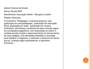 Dados Fictícios da Escola
Nome: Escola PEPI.
Atendimento: Educação Infantil – Berçário à Jardim
Padrão: Particular
Funcionários: Pedagogas, a mesmas possuem, pós
graduação em psicopedagogia, graduação em educação
física, graduação em artes, graduação em musica.
Faxineiras, cozinheiras e auxiliares de sala. A escola segue
as concepções piagentiana, com associação ao lúdica. A
unidade escolar propõe o desenvolvimento do alunos dentro
de seus estágios, com atividades divertidas e concretas,
para trabalha o imaginário, e estimular o raciocínio de forma
que as crianças sejam participativas, e aprendam
brincando.
 