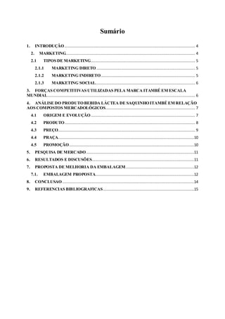 Sumário
1. INTRODUÇÃO ................................................................................................................... 4
2. MARKETING.................................................................................................................. 4
2.1 TIPOS DE MARKETING............................................................................................ 5
2.1.1 MARKETING DIRETO ....................................................................................... 5
2.1.2 MARKETING INDIRETO................................................................................... 5
2.1.3 MARKETING SOCIAL........................................................................................ 6
3. FORÇAS COMPETITIVAS UTILIZADAS PELA MARCA ITAMBÉ EM ESCALA
MUNDIAL.................................................................................................................................. 6
4. ANÁLISE DO PRODUTO BEBIDA LÁCTEA DE SAQUINHO ITAMBÉ EM RELAÇÃO
AOS COMPOSTOS MERCADOLÓGICOS............................................................................... 7
4.1 ORIGEM E EVOLUÇÃO............................................................................................ 7
4.2 PRODUTO................................................................................................................... 8
4.3 PREÇO......................................................................................................................... 9
4.4 PRAÇA........................................................................................................................10
4.5 PROMOÇÃO..............................................................................................................10
5. PESQUISA DE MERCADO...............................................................................................11
6. RESULTADOS E DISCUSÕES..........................................................................................11
7. PROPOSTA DE MELHORIA DA EMBALAGEM ............................................................12
7.1. EMBALAGEM PROPOSTA.......................................................................................12
8. CONCLUSAO ....................................................................................................................14
9. REFERENCIAS BIBLIOGRAFICAS................................................................................15
 