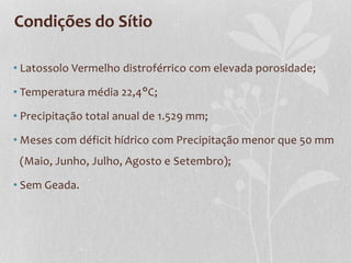 • Latossolo Vermelho distroférrico com elevada porosidade;
• Temperatura média 22,4°C;
• Precipitação total anual de 1.529 mm;
• Meses com déficit hídrico com Precipitação menor que 50 mm
(Maio, Junho, Julho, Agosto e Setembro);
• Sem Geada.
Condições do Sítio
 