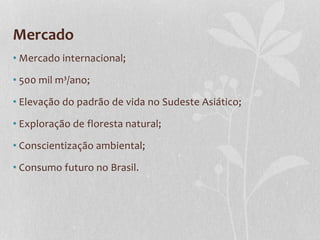 Mercado
• Mercado internacional;
• 500 mil m³/ano;
• Elevação do padrão de vida no Sudeste Asiático;
• Exploração de floresta natural;
• Conscientização ambiental;
• Consumo futuro no Brasil.
 