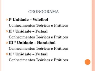 CRONOGRAMA Iª   Unidade – Voleibol Conhecimentos Teóricos e Práticos II ª Unidade – Futsal Conhecimentos Teóricos e Práticos III ª Unidade – Handebol Conhecimentos Teóricos e Práticos II ª Unidade – Futsal Conhecimentos Teóricos e Práticos 