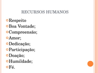RECURSOS HUMANOS Respeito Boa Vontade; Compreensão; Amor; Dedicação; Participação; Doação; Humildade; Fé. 