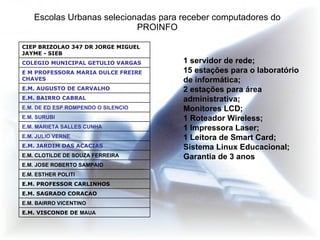 Escolas Urbanas selecionadas para receber computadores do PROINFO 1 servidor de rede; 15 estações para o laboratório de informática; 2 estações para área administrativa; Monitores LCD; 1 Roteador Wireless; 1 Impressora Laser; 1 Leitora de Smart Card; Sistema Linux Educacional; Garantia de 3 anos E.M. VISCONDE DE  MAUA E.M. BAIRRO VICENTINO E.M. SAGRADO CORACAO E.M. PROFESSOR CARLINHOS E.M. ESTHER POLITI E.M. JOSE ROBERTO SAMPAIO E.M. CLOTILDE DE SOUZA FERREIRA E.M. JARDIM DAS ACACIAS E.M. JULIO VERNE E.M. MARIETA SALLES CUNHA E.M. SURUBI E.M. DE ED ESP ROMPENDO O SILENCIO E.M. BAIRRO CABRAL E.M. AUGUSTO DE CARVALHO E M PROFESSORA MARIA DULCE FREIRE CHAVES COLEGIO MUNICIPAL GETULIO VARGAS CIEP BRIZOLAO 347 DR JORGE MIGUEL JAYME - SIEB 