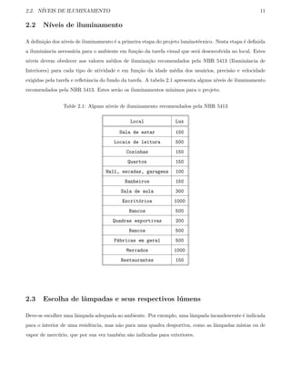 2.2. N´IVEIS DE ILUMINAMENTO 11
2.2 N´ıveis de iluminamento
A deﬁni¸c˜ao dos n´ıveis de iluminamento ´e a primeira etapa do projeto luminot´ecnico. Nesta etapa ´e deﬁnida
a iluminˆancia necess´aria para o ambiente em fun¸c˜ao da tarefa visual que ser´a desenvolvida no local. Estes
n´ıveis devem obedecer aos valores m´edios de ilumina¸c˜ao recomendados pela NBR 5413 (Iluminˆancia de
Interiores) para cada tipo de atividade e em fun¸c˜ao da idade m´edia dos usu´arios, precis˜ao e velocidade
exigidas pela tarefa e reﬂetˆancia do fundo da tarefa. A tabela 2.1 apresenta alguns n´ıveis de iluminamento
recomendados pela NBR 5413. Estes ser˜ao os iluminamentos m´ınimos para o projeto.
Table 2.1: Alguns n´ıveis de iluminamento recomendados pela NBR 5413
Local Lux
Sala de estar 150
Locais de leitura 500
Cozinhas 150
Quartos 150
Hall, escadas, garagens 100
Banheiros 150
Sala de aula 300
Escrit´orios 1000
Bancos 500
Quadras esportivas 200
Bancos 500
F´abricas em geral 500
Mercados 1000
Restaurantes 150
2.3 Escolha de lˆampadas e seus respectivos l´umens
Deve-se escolher uma lˆampada adequada ao ambiente. Por exemplo, uma lˆampada incandescente ´e indicada
para o interior de uma residˆencia, mas n˜ao para uma quadra desportiva, como as lˆampadas mistas ou de
vapor de merc´urio, que por sua vez tamb´em s˜ao indicadas para exteriores.
 