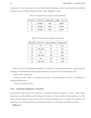 16 CHAPTER 2. ILUMINAC¸ ˜AO
restaurantes. A luz branca tem o tom das ﬂuorescentes tradicionais, sendo recomendada para ambientes
comerciais como escrit´orios, hospitais, bancos, lojas, shoppings e outros.
Table 2.3: Fluorescente Compacta (n˜ao eletrˆonica)
Watts(W) Volts(V) L´umens(lm) Temp. de cor
9 BIVOLT 450 2500K
18 BIVOLT 1200 4100K
26 BIVOLT 1650 4100K
Table 2.4: Fluorescente Compacta Eletrˆonica
Watts(W) Volts(V) Equival^encia L´umens(lm)
15 127 60 670
15 220-240 75 770
20 127 75 850
20 220-240 100 920
25 127 100 1100
25 220-240 120 1150
Sabe-se que 70 % das lˆampadas produzidas no mundo s˜ao lˆampadas ﬂuoresecentes. Apesar das suas
vantagens, as lˆampadas ﬂuorescentes (principalmente as compactas) tˆem inconvenientes como:
- geram ru´ıdo e harmˆonicas;
- possuem merc´urio (Hg) e s˜ao altamente poluentes (existem empresas que fazem a reciclagem de
lˆampadas ﬂuorescentes);
- o fator de potˆencia ´e baixo.
2.3.3 Lˆampadas hal´ogenas e dicr´oicas
Caracterizadas pelo elevado ﬂuxo luminoso, as lˆampadas hal´ogenas destacam as cores e criam realces
interessantes, sendo indicadas para ilumina¸c˜ao de fachadas, vitrines, est´adios, estacionamentos, etc. Ofe-
recem excelente seguran¸ca, pois sua base tem os contatos protegidos por um isolador de porcelana. Em
residˆencias, s˜ao usadas geralmente para ilumina¸c˜ao indireta em lumin´arias, arandelas ou colunas.
Reﬂetores
 