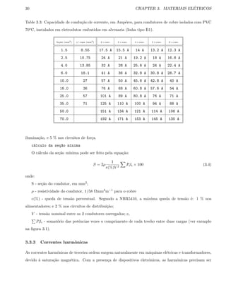 30 CHAPTER 3. MATERIAIS EL´ETRICOS
Table 3.3: Capacidade de condu¸c˜ao de corrente, em Amp´eres, para condutores de cobre isolados com PVC
70oC, instalados em eletrodutos embutidos em alvenaria (linha tipo B1).
Se¸c˜ao (mm2
) c/ capa (mm2
) 2 c.carr. 3 c.carr. 4 c.carr. 5 c.carr. 6 c.carr.
1.5 8.55 17.5 A 15.5 A 14 A 13.2 A 12.3 A
2.5 10.75 24 A 21 A 19.2 A 18 A 16.8 A
4.0 13.85 32 A 28 A 25.6 A 24 A 22.4 A
6.0 18.1 41 A 36 A 32.8 A 30.8 A 28.7 A
10.0 27 57 A 50 A 45.6 A 42.8 A 40 A
16.0 36 76 A 68 A 60.8 A 57.6 A 54 A
25.0 57 101 A 89 A 80.8 A 76 A 71 A
35.0 71 125 A 110 A 100 A 94 A 88 A
50.0 151 A 134 A 121 A 114 A 106 A
70.0 192 A 171 A 153 A 145 A 135 A
ilumina¸c˜ao, e 5 % nos circuitos de for¸ca.
c´alculo da se¸c~ao m´ınima
O c´alculo da se¸c˜ao m´ınima pode ser feito pela equa¸c˜ao:
S = 2ρ
1
e(%)V 2
Pili × 100 (3.4)
onde:
S - se¸c˜ao do condutor, em mm2;
ρ - resistividade do condutor, 1/58 Ωmm2m−1 para o cobre
e(%) - queda de tens˜ao percentual. Segundo a NBR5410, a m´axima queda de tens˜ao ´e: 1 % nos
alimentadores; e 2 % nos circuitos de distribui¸c˜ao;
V - tens˜ao nominal entre os 2 condutores carregados; e,
Pili - somat´orio das potˆencias vezes o comprimento de cada trecho entre duas cargas (ver exemplo
na ﬁgura 3.1).
3.3.3 Correntes harmˆonicas
As correntes harmˆonicas de terceira ordem surgem naturalmente em m´aquinas el´etricas e transformadores,
devido `a satura¸c˜ao magn´etica. Com a presen¸ca de dispositivos eletrˆonicos, as harmˆonicas precisam ser
 