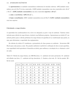 3.4. APARELHOS EL´ETRICOS 35
b) apartamentos ou unidades consumidoras residenciais de entradas coletivas: 1kW/unidade consu-
midora com at´e 40 m2 de ´area constru´ıda, 1,5kW/unidade consumidora com ´area constru´ıda entre 40 m2
e 50 m2, e 2kW/unidade consumidora com ´area constru´ıda superior a 50 m2;
c) salas e escrit´orios: 1kW/15 m2; e,
d) lojas e semelhantes: 3kW/ unidade consumidora com at´e 30 m2 e 5 kW/ unidade consumidora
com ´area superior.
Calculando a carga t´ermica
A capacidade dos condicionadores de ar deve ser adequada ao porte e tipo de ambiente. Existem v´arios
m´etodos para c´alculo da carga t´ermica, inclusive com Softwares pr´oprios. Apresentamos na tabela 3.7, um
m´etodo pr´atico para o c´alculo preliminar da carga t´ermica de aparelhos de ar condicionado tipo janela, ou
seja, para determinar a capacidade dos equipamentos.
Os c´alculos da tabela 3.7 consideram a permanˆencia de duas pessoas no ambiente. Acrescentar 600
Btu/h para cada pessoa a mais. Em grandes ambientes ´e prefer´ıvel a utiliza¸c˜ao de dois ou mais aparelhos,
com capacidade total equivalente `a fornecida na tabela, para melhorar a circula¸c˜ao de ar e diminuir o n´ıvel
de ru´ıdo.
Table 3.7: C´alculo da carga t´ermica, em 1000 Btu/hora. A - ambiente sob outro pavimento. B - ambiente
sob telhado com forro. C - ambiente sob laje descoberta. I - Sombra o dia todo. II - Sol da manh˜a. III -
Sol da tarde.
´Area-m2
A-I B-I C-I A-II B-II C-II A-III B-III C-III
15 6 7 8 8 10 11 10 12 14
20 6 8 11 8 12 14 11 14 14
30 6 9 14 8 14 18 12 16 17
40 7 12 16 10 14 18 13 17 22
60 10 16 22 14 20 30 17 23 30
70 10 18 23 14 22 30 18 30 40
90 12 22 30 16 30 35 20 30 40
 