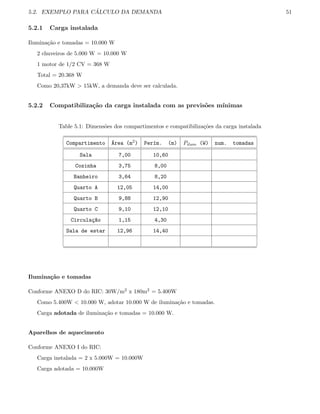 5.2. EXEMPLO PARA C ´ALCULO DA DEMANDA 51
5.2.1 Carga instalada
Ilumina¸c˜ao e tomadas = 10.000 W
2 chuveiros de 5.000 W = 10.000 W
1 motor de 1/2 CV = 368 W
Total = 20.368 W
Como 20,37kW  15kW, a demanda deve ser calculada.
5.2.2 Compatibiliza¸c˜ao da carga instalada com as previs˜oes m´ınimas
Table 5.1: Dimens˜oes dos compartimentos e compatibiliza¸c˜oes da carga instalada
Compartimento ´Area (m2) Per´ım. (m) Pilum (W) num. tomadas
Sala 7,00 10,60
Cozinha 3,75 8,00
Banheiro 3,64 8,20
Quarto A 12,05 14,00
Quarto B 9,88 12,90
Quarto C 9,10 12,10
Circula¸c~ao 1,15 4,30
Sala de estar 12,96 14,40
Ilumina¸c˜ao e tomadas
Conforme ANEXO D do RIC: 30W/m2 x 180m2 = 5.400W
Como 5.400W  10.000 W, adotar 10.000 W de ilumina¸c˜ao e tomadas.
Carga adotada de ilumina¸c˜ao e tomadas = 10.000 W.
Aparelhos de aquecimento
Conforme ANEXO I do RIC:
Carga instalada = 2 x 5.000W = 10.000W
Carga adotada = 10.000W
 