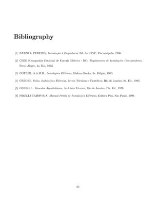 Bibliography
[1] BAZZO  PEREIRA, Introdu¸c˜ao `a Engenharia, Ed. da UFSC, Florian´opolis, 1996.
[2] CEEE (Companhia Estadual de Energia El´etrica - RS), Regulamento de Instala¸c˜oes Consumidoras,
Porto Alegre, 4a. Ed., 1992.
[3] COTRIM, A.A.M.B., Instala¸c˜oes El´etricas, Makron Books, 3a. Edi¸c˜ao, 1993.
[4] CREDER, Helio, Instala¸c˜oes El´etricas, Livros T´ecnicos e Cient´ıﬁcos, Rio de Janeiro, 8a. Ed., 1983.
[5] OBERG, L. Desenho Arquitetˆonico, Ao Livro T´ecnico, Rio de Janeiro, 21a. Ed., 1976.
[6] PIRELLI CABOS S/A. Manual Pirelli de Instala¸c˜oes El´etricas, Editora Pini, S˜ao Paulo, 1999.
65
 