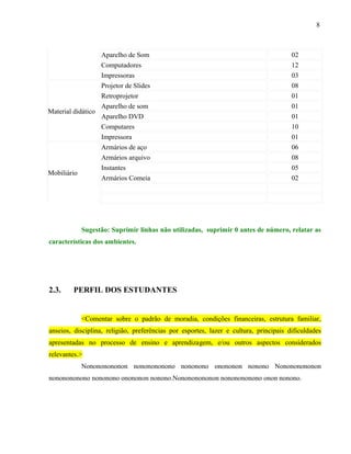 8



                  Aparelho de Som                                                      02
                  Computadores                                                         12
                  Impressoras                                                          03
                  Projetor de Slides                                                   08
                  Retroprojetor                                                        01
                  Aparelho de som                                                      01
Material didático
                  Aparelho DVD                                                         01
                  Computares                                                           10
                  Impressora                                                           01
                  Armários de aço                                                      06
                  Armários arquivo                                                     08
                  Instantes                                                            05
Mobiliário
                  Armários Comeia                                                      02




           Sugestão: Suprimir linhas não utilizadas, suprimir 0 antes de número, relatar as
características dos ambientes.




2.3.     PERFIL DOS ESTUDANTES


           <Comentar sobre o padrão de moradia, condições financeiras, estrutura familiar,
anseios, disciplina, religião, preferências por esportes, lazer e cultura, principais dificuldades
apresentadas no processo de ensino e aprendizagem, e/ou outros aspectos considerados
relevantes.>
           Nonononononon nononononono nononono onononon nonono Nonononononon
nononononono nononono onononon nonono.Nonononononon nononononono onon nonono.
 