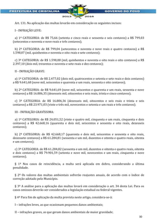 Art. 131. Na aplicação das multas levarão em consideração os seguintes incisos:
I - INFRAÇÃO LEVE:
a) 1ª CATEGORIA: de R$ 75,66 (setenta e cinco reais e sessenta e seis centavos) a R$ 799,03
(setecentos e noventa e nove reais e três centavos);
b) 2ª CATEGORIA: de R$ 799,04 (setecentos e noventa e nove reais e quatro centavos) a R$
1.598,07 (mil, quinhentos e noventa e oito reais e sete centavos);
c) 3ª CATEGORIA: de R$ 1.598,08 (mil, quinhentos e noventa e oito reais e oito centavos) a R$
2.397,10 (dois mil, trezentos e noventa e sete reais e dez centavos);
II - INFRAÇÃO GRAVE:
a) 1ª CATEGORIA: de R$ 2.477,02 (dois mil, quatrocentos e setenta e sete reais e dois centavos)
a R$ 9.641,68 (nove mil, seiscentos e quarenta e um reais, sessenta e oito centavos);
b) 2ª CATEGORIA: de R$ 9.641,69 (nove mil, seiscentos e quarenta e um reais, sessenta e nove
centavos) a R$ 16.806,35 (dezesseis mil, oitocentos e seis reais, trinta e cinco centavos);
c) 3ª CATEGORIA: de R$ 16.806,36 (dezesseis mil, oitocentos e seis reais e trinta e seis
centavos) a R$ 23.971,03 (vinte e três mil, novecentos e setenta e um reais e três centavos);
III - INFRAÇÃO GRAVÍSSIMA:
a) 1ª CATEGORIA: de R$ 24.051,52 (vinte e quatro mil, cinquenta e um reais, cinquenta e dois
centavos) a R$ 42.668,16 (quarenta e dois mil, seiscentos e sessenta e oito reais, dezesseis
centavos);
b) 2ª CATEGORIA: de R$ 42.668,17 (quarenta e dois mil, seiscentos e sessenta e oito reais,
dezessete centavos) a R$ 61.284,81 (sessenta e um mil, duzentos e oitenta e quatro reais, oitenta
e um centavos);
c) 3ª CATEGORIA: de R$ 61.284,82 (sessenta e um mil, duzentos e oitenta e quatro reais, oitenta
e dois centavos) a R$ 79.901,59 (setenta e nove mil, novecentos e um reais, cinquenta e nove
centavos).
§ 1º Nos casos de reincidência, a multa será aplicada em dobro, considerando a última
penalidade.
§ 2º Os valores das multas ambientais sofrerão reajustes anuais, de acordo com o índice de
correção adotado pelo Município.
§ 3º A análise para a aplicação das multas levará em consideração o art. 34 desta Lei. Para os
casos omissos deverão ser considerados a legislação estadual ou federal vigentes.
§ 4º Para fim de aplicação da multa prevista neste artigo, considera-se-á:
I – infrações leves, as que ocasionam pequenos danos ambientais;
II – infrações graves, as que geram danos ambientais de maior gravidade;
30

 