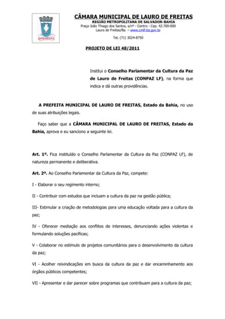 Projeto de Lei nº 048/2011 Conselho Parlamentar da Cultura da Paz