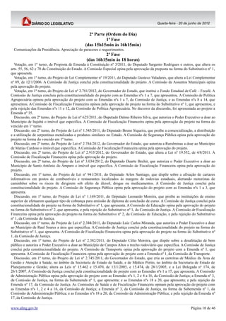 Quarta-feira - 20 de junho de 2012


                                                  2ª Parte (Ordem do Dia)
                                                           1ª Fase
                                                (das 15h15min às 16h15min)
  Comunicações da Presidência. Apreciação de pareceres e requerimentos.
                                                          2ª Fase
                                                 (das 16h15min às 18 horas)
  Votação, em 1º turno, da Proposta de Emenda à Constituição nº 3/2011, do Deputado Sargento Rodrigues e outros, que altera os
arts. 55, 56, 62 e 70 da Constituição do Estado. A Comissão Especial opina pela aprovação da proposta na forma do Substitutivo nº 1,
que apresenta.
  Votação, em 1º turno, do Projeto de Lei Complementar nº 19/2011, do Deputado Gustavo Valadares, que altera a Lei Complementar
nº 89, de 12/1/2006. A Comissão de Justiça conclui pela constitucionalidade do projeto. A Comissão de Assuntos Municipais opina
pela aprovação do projeto.
  Votação, em 1º turno, do Projeto de Lei nº 2.781/2012, do Governador do Estado, que institui o Fundo Estadual de Café – Fecafé. A
Comissão de Justiça concluiu pela constitucionalidade do projeto com as Emendas nºs 1 a 7, que apresentou. A Comissão de Política
Agropecuária opinou pela aprovação do projeto com as Emendas nºs 1 a 7, da Comissão de Justiça, e as Emendas nºs 8 a 14, que
apresentou. A Comissão de Fiscalização Financeira opinou pela aprovação do projeto na forma do Substitutivo nº 1, que apresentou, e
pela rejeição das Emendas nºs 11 e 12, da Comissão de Política Agropecuária. No decorrer da discussão, foi apresentada ao projeto a
Emenda nº 15.
  Discussão, em 2º turno, do Projeto de Lei nº 625/2011, do Deputado Dalmo Ribeiro Silva, que autoriza o Poder Executivo a doar ao
Município de Itajubá o imóvel que especifica. A Comissão de Fiscalização Financeira opina pela aprovação do projeto na forma do
vencido em 1º turno.
  Discussão, em 2º turno, do Projeto de Lei nº 1.545/2011, do Deputado Bruno Siqueira, que proíbe a comercialização, a distribuição
e a utilização de serpentinas metalizadas e produtos similares no Estado. A Comissão de Segurança Pública opina pela aprovação do
projeto na forma do vencido em 1º turno.
  Discussão, em 2º turno, do Projeto de Lei nº 2.784/2012, do Governador do Estado, que autoriza a Ruralminas a doar ao Município
de Matias Cardoso o imóvel que especifica. A Comissão de Fiscalização Financeira opina pela aprovação do projeto.
  Discussão, em 2º turno, do Projeto de Lei nº 2.915/2012, do Governador do Estado, que altera a Lei nº 19.552, de 4/8/2011. A
Comissão de Fiscalização Financeira opina pela aprovação do projeto.
  Discussão, em 2º turno, do Projeto de Lei nº 3.034/2012, do Deputado Duarte Bechir, que autoriza o Poder Executivo a doar ao
Município de Santo Antônio do Amparo o imóvel que especifica. A Comissão de Fiscalização Financeira opina pela aprovação do
projeto.
  Discussão, em 1º turno, do Projeto de Lei nº 941/2011, do Deputado Arlen Santiago, que dispõe sobre a afixação de cartazes
informativos em postos de combustíveis e restaurantes localizados às margens de rodovias estaduais, alertando motoristas de
caminhões sobre os riscos de dirigirem sob efeito de álcool, drogas ou medicamentos. A Comissão de Justiça conclui pela
constitucionalidade do projeto. A Comissão de Segurança Pública opina pela aprovação do projeto com as Emendas nºs 1 a 3, que
apresenta.
  Discussão, em 1º turno, do Projeto de Lei nº 1.169/2011, do Deputado Leonardo Moreira, que proíbe as instituições de ensino
superior de efetuarem qualquer tipo de cobrança para emissão de diploma de conclusão de curso. A Comissão de Justiça conclui pela
constitucionalidade do projeto na forma do Substitutivo nº 1, que apresenta. A Comissão de Educação opina pela aprovação do projeto
na forma do Substitutivo nº 2, que apresenta, e pela rejeição do Substitutivo nº 1, da Comissão de Justiça. A Comissão de Fiscalização
Financeira opina pela aprovação do projeto na forma do Substitutivo nº 2, da Comissão de Educação, e pela rejeição do Substitutivo
nº 1, da Comissão de Justiça.
  Discussão, em 1º turno, do Projeto de Lei nº 2.344/2011, do Deputado Luiz Carlos Miranda, que autoriza o Poder Executivo a doar
ao Município de Raul Soares a área que especifica. A Comissão de Justiça conclui pela constitucionalidade do projeto na forma do
Substitutivo nº 1, que apresenta. A Comissão de Fiscalização Financeira opina pela aprovação do projeto na forma do Substitutivo nº
1, da Comissão de Justiça.
  Discussão, em 1º turno, do Projeto de Lei nº 2.382/2011, do Deputado Célio Moreira, que dispõe sobre a desafetação de bem
público e autoriza o Poder Executivo a doar ao Município de Campos Altos o trecho rodoviário que especifica. A Comissão de Justiça
conclui pela constitucionalidade do projeto. A Comissão de Transporte opina pela aprovação do projeto com a Emenda nº 1, que
apresenta. A Comissão de Fiscalização Financeira opina pela aprovação do projeto com a Emenda nº 1, da Comissão de Transporte.
  Discussão, em 1º turno, do Projeto de Lei nº 2.745/2011, do Governador do Estado, que cria as carreiras de Médico da Área de
Gestão e Atenção à Saúde, no âmbito da Secretaria de Estado de Saúde, e de Médico Perito, no âmbito da Secretaria de Estado de
Planejamento e Gestão; altera as Leis nº 15.462 e 15.470, de 13/1/2005, e 15.474, de 28/1/2005, e a Lei Delegada nº 174, de
26/1/2007. A Comissão de Justiça conclui pela constitucionalidade do projeto com as Emendas nºs 1 a 17, que apresenta. A Comissão
de Administração Pública opina pela aprovação do projeto com as Emendas nºs 1, 2 e 4 a 16, da Comissão de Justiça; a Emenda nº 3,
da Comissão de Justiça, na forma da Subemenda nº 1, que apresenta; e as Emendas nºs 18 a 20, que apresenta; e pela rejeição da
Emenda nº 17, da Comissão de Justiça. As Comissões de Saúde e de Fiscalização Financeira opinam pela aprovação do projeto com
as Emendas nºs 1, 2 e 4 a 16, da Comissão de Justiça; a Emenda nº 3, da Comissão de Justiça, na forma da Subemenda nº 1, da
Comissão de Administração Pública; e as Emendas nºs 18 a 20, da Comissão de Administração Pública; e pela rejeição da Emenda nº
17, da Comissão de Justiça.

www.almg.gov.br                                                                                                       Página 10 de 46
 