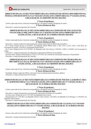 Quarta-feira - 20 de junho de 2012


 ORDEM DO DIA DA 14ª REUNIÃO ORDINÁRIA DA COMISSÃO DE DEFESA DOS DIREITOS DA
 PESSOA COM DEFICIÊNCIA NA 2ª SESSÃO LEGISLATIVA ORDINÁRIA DA 17ª LEGISLATURA,
                    A REALIZAR-SE ÀS 10H45MIN DO DIA 20/6/2012
                                                    1ª Parte (Expediente)
 Leitura e aprovação da ata. Leitura da correspondência e da matéria recebida. Designação de relator.
                                                  2ª Parte (Ordem do Dia)
 Discussão e votação de proposições da Comissão.

        ORDEM DO DIA DA 16ª REUNIÃO ORDINÁRIA DA COMISSÃO DE FISCALIZAÇÃO
        FINANCEIRA E ORÇAMENTÁRIA NA 2ª SESSÃO LEGISLATIVA ORDINÁRIA DA 17ª
               LEGISLATURA, A REALIZAR-SE ÀS 14 HORAS DO DIA 20/6/2012
                                                    1ª Parte (Expediente)
 Leitura e aprovação da ata. Leitura da correspondência e da matéria recebida. Designação de relatores.
                                                  2ª Parte (Ordem do Dia)
  Discussão e votação de pareceres sobre proposições sujeitas à apreciação do Plenário da Assembleia:
  No 2º turno: Projetos de Lei nºs 625/2011, do Deputado Dalmo Ribeiro Silva; 2.784, 2.915 a 2.919, 2.958 a 2.961/2012, do
Governador do Estado; 3.034/2012, do Deputado Duarte Bechir.
  No 1º turno: Projetos de Lei nºs 2.593/2011, do Deputado João Vítor Xavier; 2.745/2011, 3.099 e 3.128/2012, do Governador do
Estado.
  Discussão e votação de proposições que dispensam a apreciação do Plenário da Assembleia:
  Em turno único: Projetos de Resolução nºs 3.228 a 3.237/2012, da Comissão de Fiscalização Financeira e Orçamentária.
  Discussão e votação de proposições da Comissão.

        ORDEM DO DIA DA 15ª REUNIÃO ORDINÁRIA DA COMISSÃO DO TRABALHO, DA
       PREVIDÊNCIA E DA AÇÃO SOCIAL NA 2ª SESSÃO LEGISLATIVA ORDINÁRIA DA 17ª
              LEGISLATURA, A REALIZAR-SE ÀS 14H30MIN DO DIA 20/6/2012
                                                    1ª Parte (Expediente)
 Leitura e aprovação da ata. Leitura da correspondência e da matéria recebida. Designação de relator.
                                                  2ª Parte (Ordem do Dia)
 Finalidade: debater o papel das ONGs e do terceiro setor na implementação de políticas públicas.
 Discussão e votação de proposições da Comissão.


ORDEM DO DIA DA 14ª REUNIÃO ORDINÁRIA DA COMISSÃO DE POLÍTICA AGROPECUÁRIA
  E AGROINDUSTRIAL NA 2ª SESSÃO LEGISLATIVA ORDINÁRIA DA 17ª LEGISLATURA, A
                     REALIZAR-SE ÀS 15 HORAS DO DIA 20/6/2012
                                                    1ª Parte (Expediente)
 Leitura e aprovação da ata. Leitura da correspondência e da matéria recebida. Designação de relator.
                                                  2ª Parte (Ordem do Dia)
 Discussão e votação de proposições que dispensam a apreciação do Plenário da Assembleia:
 Em turno único: Projeto de Lei nº 3.151/2012, da Deputada Luzia Ferreira.
 Requerimentos nºs 3.216/2012, do Deputado Antônio Carlos Arantes; 3.247/2012, do Deputado Luiz Henrique; e 3.256/2012, do
Deputado Fábio Cherem.
 Discussão e votação de proposições da Comissão.

   ORDEM DO DIA DA 8ª REUNIÃO ORDINÁRIA DA COMISSÃO DE CULTURA NA 2ª SESSÃO
   LEGISLATIVA ORDINÁRIA DA 17ª LEGISLATURA, A REALIZAR-SE ÀS 16 HORAS DO DIA
                                    20/6/2012
                                                    1ª Parte (Expediente)
 Leitura e aprovação da ata. Leitura da correspondência e da matéria recebida. Designação de relator.
                                                  2ª Parte (Ordem do Dia)
 Discussão e votação de proposições da Comissão.



www.almg.gov.br                                                                                                     Página 12 de 46
 