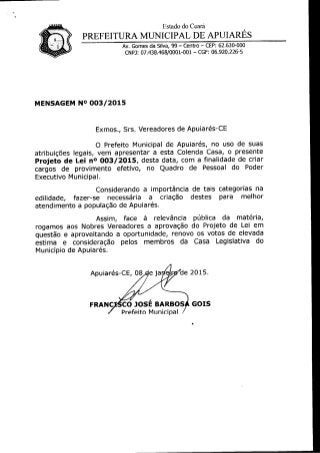 Projeto de lei nâº 003 2015 que convoca classificaveis do concurso de Apuiarés