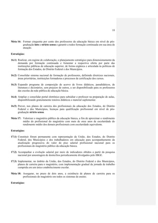 18
Meta 16: Formar cinquenta por cento dos professores da educação básica em nível de pós-
graduação lato e stricto sensu e garantir a todos formação continuada em sua área de
atuação.
Estratégias:
16.1) Realizar, em regime de colaboração, o planejamento estratégico para dimensionamento da
demanda por formação continuada e fomentar a respectiva oferta por parte das
instituições públicas de educação superior, de forma orgânica e articulada às políticas de
formação dos Estados, do Distrito Federal e dos Municípios.
16.2) Consolidar sistema nacional de formação de professores, definindo diretrizes nacionais,
áreas prioritárias, instituições formadoras e processos de certificação dos cursos.
16.3) Expandir programa de composição de acervo de livros didáticos, paradidáticos, de
literatura e dicionários, sem prejuízo de outros, a ser disponibilizado para os professores
das escolas da rede pública de educação básica.
16.4) Ampliar e consolidar portal eletrônico para subsidiar o professor na preparação de aulas,
disponibilizando gratuitamente roteiros didáticos e material suplementar.
16.5) Prever, nos planos de carreira dos profissionais da educação dos Estados, do Distrito
Federal e dos Municípios, licenças para qualificação profissional em nível de pós-
graduação stricto sensu.
Meta 17: Valorizar o magistério público da educação básica, a fim de aproximar o rendimento
médio do profissional do magistério com mais de onze anos de escolaridade do
rendimento médio dos demais profissionais com escolaridade equivalente.
Estratégias:
17.1) Constituir fórum permanente com representação da União, dos Estados, do Distrito
Federal, dos Municípios e dos trabalhadores em educação para acompanhamento da
atualização progressiva do valor do piso salarial profissional nacional para os
profissionais do magistério público da educação básica.
17.2) Acompanhar a evolução salarial por meio de indicadores obtidos a partir da pesquisa
nacional por amostragem de domicílios periodicamente divulgados pelo IBGE.
17.3) Implementar, no âmbito da União, dos Estados, do Distrito Federal e dos Municípios,
planos de carreira para o magistério, com implementação gradual da jornada de trabalho
cumprida em um único estabelecimento escolar.
Meta 18: Assegurar, no prazo de dois anos, a existência de planos de carreira para os
profissionais do magistério em todos os sistemas de ensino.
Estratégias:
 
