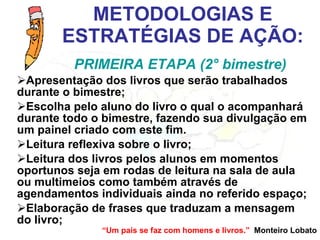 METODOLOGIAS E ESTRATÉGIAS DE AÇÃO: Apresentação dos livros que serão trabalhados  durante o bimestre; Escolha pelo aluno do livro o qual o acompanhará durante todo o bimestre, fazendo sua divulgação em um painel criado com este fim. Leitura reflexiva sobre o livro; Leitura dos livros pelos alunos em momentos oportunos seja em rodas de leitura na sala de aula ou multimeios como também através de agendamentos individuais ainda no referido espaço; Elaboração de frases que traduzam a mensagem do livro;  PRIMEIRA ETAPA (2° bimestre) “ Um país se faz com homens e livros.”  Monteiro Lobato 