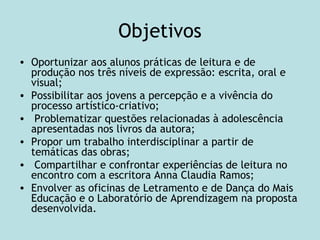 Objetivos
• Oportunizar aos alunos práticas de leitura e de
produção nos três níveis de expressão: escrita, oral e
visual;
• Possibilitar aos jovens a percepção e a vivência do
processo artístico-criativo;
• Problematizar questões relacionadas à adolescência
apresentadas nos livros da autora;
• Propor um trabalho interdisciplinar a partir de
temáticas das obras;
• Compartilhar e confrontar experiências de leitura no
encontro com a escritora Anna Claudia Ramos;
• Envolver as oficinas de Letramento e de Dança do Mais
Educação e o Laboratório de Aprendizagem na proposta
desenvolvida.
 