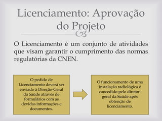 Licenciamento: Aprovação
do Projeto



O Licenciamento é um conjunto de atividades
que visam garantir o cumprimento das normas
regulatórias da CNEN.
O pedido de
Licenciamento deverá ser
enviado à Direção-Geral
da Saúde através de
formulários com as
devidas informações e
documentos.

O funcionamento de uma
instalação radiológica é
concedido pelo diretorgeral da Saúde após
obtenção de
licenciamento.

 