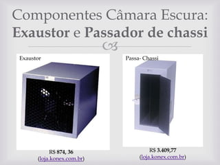 Componentes Câmara Escura:
Exaustor e Passador de chassi



Exaustor

R$ 874, 36
(loja.konex.com.br)

Passa- Chassi

R$ 3.409,77
(loja.konex.com.br)

 