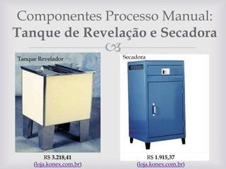 Componentes Processo Manual:
Tanque de Revelação e Secadora



Tanque Revelador

R$ 3.218,41
(loja.konex.com.br)

Secadora

R$ 1.915,37
(loja.konex.com.br)

 