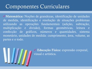 Componentes Curriculares
Matemática: Noções de grandezas, identificação de unidades
de medida, identificação e resolução de situações problemas
utilizando as operações fundamentais (adição, subtração,
multiplicação e divisão), formas geométricas, leitura e
confecção de gráficos, números e quantidades, sistema
monetário, unidades de medida: cumprimento, área, volume, as
partes e o todo.


                      Educação Física: expressão corporal,
                     visual e artística.
 
