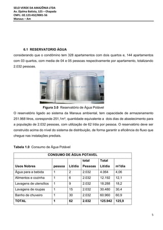 SELO VERDE DA AMAZÔNIA LTDA
Av. Djalma Batista, 125 – Chapada
CNPJ.: 02.123.432/0001-56
Manaus – Am
5
6.1 RESERVATORIO ÁGUA
considerando que o condômino tem 328 apartamentos com dois quartos e, 144 apartamentos
com 03 quartos, com media de 04 e 05 pessoas respectivamente por apartamento, totalizando
2.032 pessoas.
Figura 3.0 Reservatório de Água Potável
O reservatório ligado ao sistema da Manaus ambiental, tem capacidade de armazenamento
251.968 litros, coresponde 251,1m³, quantidade equivalente a dois dias de abastecimento para
a população de 2.032 pessoas, com utilização de 62 l/dia por pessoa. O reservatório deve ser
construído acima do nível do sistema de distribuição, de forma garantir a eficiência do fluxo que
chegue nas instalações prediais.
Tabela 1.0 Consumo de Água Potável
CONSUMO DE ÁGUA POTAVEL
Usos Nobres pessoa Lit/dia
total
Pessoas
Total
Lit/dia m³/dia
Água para a bebida 1 2 2.032 4.064 4,06
Alimentos e cozinha 1 6 2.032 12.192 12,1
Lavagens de utensílios 1 9 2.032 18.288 18,2
Lavagens de roupas 1 15 2.032 30.480 30,4
Banho de chuveiro 1 30 2.032 60.960 60,9
TOTAL 1 62 2.032 125.942 125,9
 
