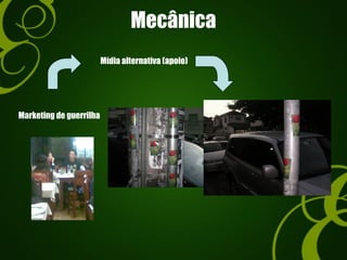Mecânica
Marketing de guerrilha
Mídia alternativa (apoio)
 