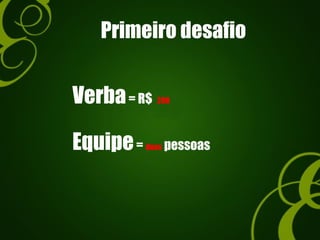 Primeiro desafio
Verba= R$ 200
Equipe= duas pessoas
 