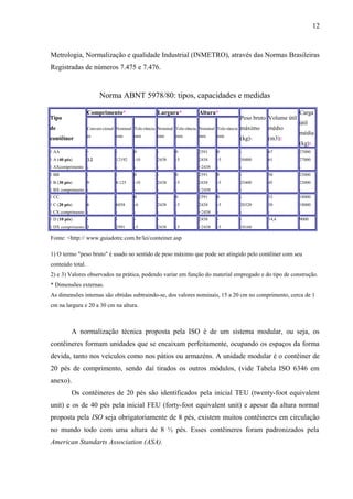12
Metrologia, Normalização e qualidade Industrial (INMETRO), através das Normas Brasileiras
Registradas de números 7.475 e 7.476.
Norma ABNT 5978/80: tipos, capacidades e medidas
Tipo
de
contêiner
Comprimento* Largura* Altura*
Peso bruto
máximo
(kg)1
Volume útil
médio
(m3)2
Carga
útil
média
(kg)3
Conven-cional
m
Nominal
mm
Tole-rância
mm
Nominal
mm
Tole-rância
mm
Nominal
mm
Tole-rância
mm
1 AA
1 A (40 pés)
1 AXcomprimento
-
12
-
-
12192
-
0
-10
-
-
2438
-
0
-5
-
2591
2438
<2438
0
-5
-
-
30480
-
67
61
-
27000
27000
-
1 BB
1 B (30 pés)
1 BX comprimento
-
9
-
-
0.125
-
0
-10
-
-
2438
-
0
-5
-
2591
2438
<2438
0
-5
-
-
25400
-
50
45
-
23000
23000
-
1 CC
1 C (20 pés)
1 CX comprimento
-
6
-
-
6058
-
0
-6
-
-
2438
-
0
-5
-
2591
2438
<2438
0
-5
-
-
20320
-
33
30
-
18000
18000
-
1 D (10 pés)
1 DX comprimento
-
3
-
2991
-
-5
-
2438
-
-5
2438
<2438
-
-5
-
10160
14,4
-
9000
-
Fonte: <http:// www.guiadotrc.com.br/lei/conteiner.asp
1) O termo "peso bruto" é usado no sentido de peso máximo que pode ser atingido pelo contêiner com seu
conteúdo total.
2) e 3) Valores observados na prática, podendo variar em função do material empregado e do tipo de construção.
* Dimensões externas.
As dimensões internas são obtidas subtraindo-se, dos valores nominais, 15 a 20 cm no comprimento, cerca de 1
cm na largura e 20 a 30 cm na altura.
A normalização técnica proposta pela ISO é de um sistema modular, ou seja, os
contêineres formam unidades que se encaixam perfeitamente, ocupando os espaços da forma
devida, tanto nos veículos como nos pátios ou armazéns. A unidade modular é o contêiner de
20 pés de comprimento, sendo daí tirados os outros módulos, (vide Tabela ISO 6346 em
anexo).
Os contêineres de 20 pés são identificados pela inicial TEU (twenty-foot equivalent
unit) e os de 40 pés pela inicial FEU (forty-foot equivalent unit) e apesar da altura normal
proposta pela ISO seja obrigatoriamente de 8 pés, existem muitos contêineres em circulação
no mundo todo com uma altura de 8 ½ pés. Esses contêineres foram padronizados pela
American Standarts Association (ASA).
 