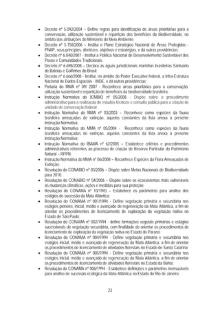 • Decreto nº 5.092/2004 – Define regras para identificação de áreas prioritárias para a
  conservação, utilização sustentável e repartição dos benefícios da biodiversidade, no
  âmbito das atribuições do Ministério do Meio Ambiente;
• Decreto nº 5.758/2006 – Institui o Plano Estratégico Nacional de Áreas Protegidas -
  PNAP, seus princípios, diretrizes, objetivos e estratégias, e dá outras providências;
• Decreto nº 6.040/2007 - Institui a Política Nacional de Desenvolvimento Sustentável dos
  Povos e Comunidades Tradicionais;
• Decreto nº 6.698/2008 – Declara as águas jurisdicionais marinhas brasileiras Santuário
  de Baleias e Golfinhos do Brasil;
• Decreto nº 6.666/2008 - Institui, no âmbito do Poder Executivo federal, a Infra-Estrutura
  Nacional de Dados Espaciais - INDE, e dá outras providências;
• Portaria do MMA nº 09/ 2007 - Reconhece áreas prioritárias para a conservação,
  utilização sustentável e repartição de benefícios da biodiversidade brasileira;
• Instrução Normativa do ICMBIO nº 05/2008 - Dispõe sobre o procedimento
  administrativo para a realização de estudos técnicos e consulta pública para a criação de
  unidade de conservação federal;
• Instrução Normativa do MMA nº 03/2003 – Reconhece como espécies da fauna
  brasileira ameaçadas de extinção, aquelas constantes da lista anexa à presente
  Instrução Normativa;
• Instrução Normativa do MMA nº 05/2004 - Reconhece como espécies da fauna
  brasileira ameaçadas de extinção, aquelas constantes da lista anexa à presente
  Instrução Normativa;
• Instrução Normativa do IBAMA nº 62/2005 – Estabelece critérios e procedimentos
  administrativos referentes ao processo de criação de Reserva Particular do Patrimônio
  Natural – RPPN;
• Instrução Normativa do MMA nº 06/2008 – Reconhece Espécies da Flora Ameaçadas de
  Extinção;
• Resolução do CONABIO nº 03/2006 – Dispõe sobre Metas Nacionais de Biodiversidade
  para 2010;
• Resolução do CONABIO nº 04/2006 – Dispõe sobre os ecossistemas mais vulneráveis
  às mudanças climáticas, ações e medidas para sua proteção;
• Resolução do CONAMA nº 10/1993 – Estabelece os parâmetros para análise dos
  estágios de sucessão da Mata Atlântica;
• Resolução do CONAMA nº 001/1994 - Define vegetação primária e secundária nos
  estágios pioneiro, inicial, médio e avançado de regeneração da Mata Atlântica, a fim de
  orientar os procedimentos de licenciamento de exploração da vegetação nativa no
  Estado de São Paulo;
• Resolução do CONAMA nº 002/1994 - define formações vegetais primárias e estágios
  sucessionais de vegetação secundária, com finalidade de orientar os procedimentos de
  licenciamento de exploração da vegetação nativa no Estado do Paraná;
• Resolução do CONAMA nº 004/1994 - Define vegetação primária e secundária nos
  estágios inicial, médio e avançado de regeneração da Mata Atlântica, a fim de orientar
  os procedimentos de licenciamento de atividades florestais no Estado de Santa Catarina;
• Resolução do CONAMA nº 005/1994 - Define vegetação primária e secundária nos
  estágios inicial, médio e avançado de regeneração da Mata Atlântica, a fim de orientar
  os procedimentos de licenciamento de atividades florestais no Estado da Bahia;
• Resolução do CONAMA nº 006/1994 - Estabelece definições e parâmetros mensuráveis
  para análise de sucessão ecológica da Mata Atlântica no Estado do Rio de Janeiro;


                                          23
 