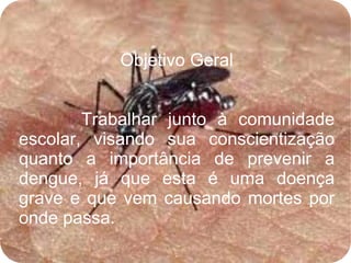 Objetivo Geral Trabalhar junto à comunidade escolar, visando sua conscientização quanto a importância de prevenir a dengue, já que esta é uma doença grave e que vem causando mortes por onde passa. 