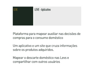 LEVE           LEVE - Aplicativo




Plataforma para mapear auxiliar nas decisões de
compras para o consumo doméstico

Um aplicativo e um site que cruza informações
sobre os produtos adquiridos.

Mapear o descarte doméstico nas Levs e
compartilhar com outros usuários
 