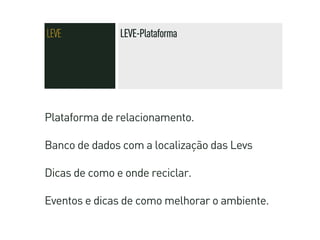 LEVE           LEVE-Plataforma




Plataforma de relacionamento.

Banco de dados com a localização das Levs

Dicas de como e onde reciclar.

Eventos e dicas de como melhorar o ambiente.
 