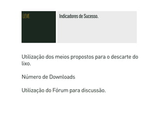 LEVE           Indicadores de Sucesso.




Utilização dos meios propostos para o descarte do
lixo.

Número de Downloads

Utilização do Fórum para discussão.
 