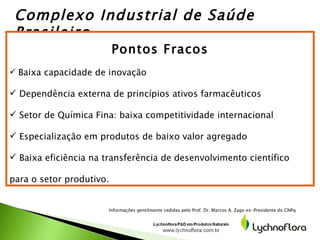 Complexo Industrial de Saúde Brasileiro <ul><li>Pontos Fracos </li></ul><ul><li>Baixa capacidade de inovação </li></ul><ul...