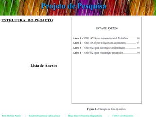 Projeto de Pesquisa Prof. Robson Santos  -  Email:robssantoss@yahoo.com.br  -  Blog: http://robssantos.blogspot.com  -  Twitter: @robssantoss ESTRUTURA  DO PROJETO Lista de Anexos 
