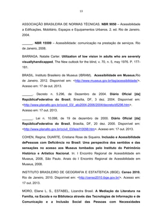 13

ASSOCIAÇÃO BRASILEIRA DE NORMAS TÉCNICAS. NBR 9050 – Acessibilidade
a Edificações, Mobiliário, Espaços e Equipamentos Urbanos. 2. ed. Rio de Janeiro.
2004.
______. NBR 15599 – Acessibilidade: comunicação na prestação de serviços. Rio
de Janeiro, 2008.
BARRAGA. Natalie Carter. Utilization of low vision in adults who are severely
visuallyhandicapped. The New outlook for the blind, v. 70, n. 5, may 1976. P. 177181.
BRASIL. Instituto Brasileiro de Museus (IBRAM). Acessibilidade em Museus.Rio
de Janeiro. 2012. Disponível em: <http://www.museus.gov.br/tag/acessibilidade/>.
Acesso em: 17 de out. 2013.
______.

Decreto n. 5.296,

de

Dezembro

de 2004.

Diário

Oficial

[da]

RepúblicaFederativa do Brasil, Brasília, DF, 3 dez. 2004. Disponível em:
<http://www.planalto.gov.br/ccivil_03/_ato2004-2006/2004/decreto/d5296.htm>.
Acesso em: 17 out. 2013.
______. Lei n. 10.098, de 19 de dezembro de 2000. Diário Oficial [da]
RepúblicaFederativa do Brasil, Brasília, DF, 20 dez. 2000. Disponível em:
<http://www.planalto.gov.br/ccivil_03/leis/l10098.htm>. Acesso em: 17 out. 2013.
COHEN, Regina; DUARTE, Cristiane Rose de Siqueira. Inclusão e Acessibilidade
dePessoas com Deficiência no Brasil: Uma perspectiva dos sentidos e das
sensações no acesso aos Museus tombados pelo Instituto do Patrimônio
Histórico e Artístico Nacional. In: I Encontro Regional de Acessibilidade em
Museus, 2008, São Paulo. Anais do I Encontro Regional de Acessibilidade em
Museus, 2008.
INSTITUTO BRASILEIRO DE GEOGRAFIA E ESTATÍSTICA (IBGE). Censo 2010.
Rio de Janeiro, 2010. Disponível em: <http://censo2010.ibge.gov.br/>. Acesso em:
17 out. 2013.
MORO, Eliane L. S., ESTABEL, Lizandra Brasil. A Mediação da Literatura na
Família, na Escola e na Biblioteca através das Tecnologias de Informação e de
Comunicação

e

a

Inclusão

Social

das

Pessoas

com

Necessidades

 