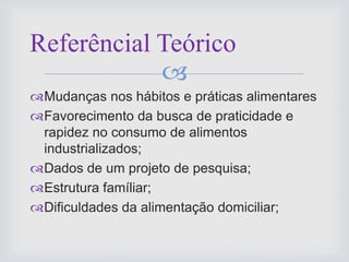 
Mudanças nos hábitos e práticas alimentares
Favorecimento da busca de praticidade e
rapidez no consumo de alimentos
industrializados;
Dados de um projeto de pesquisa;
Estrutura famíliar;
Dificuldades da alimentação domiciliar;
Referêncial Teórico
 