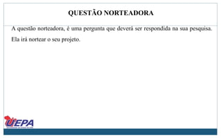 QUESTÃO NORTEADORA
A questão norteadora, é uma pergunta que deverá ser respondida na sua pesquisa.
Ela irá nortear o seu projeto.
 