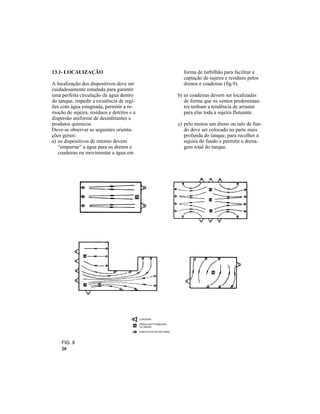 20
FIG. 9
13.1- LOCALIZAÇÃO
A localização dos dispositivos deve ser
cuidadosamente estudada para garantir
uma perfeita circulação da água dentro
do tanque, impedir a existência de regi-
ões com água estagnada, permitir a re-
moção de sujeira, resíduos e detritos e a
dispersão uniforme de desinfetantes e
produtos químicos.
Deve-se observar as seguintes orienta-
ções gerais:
a) os dispositivos de retorno devem
“empurrar” a água para os drenos e
coadeiras ou movimentar a água em
forma de turbilhão para facilitar a
captação de sujeira e resíduos pelos
drenos e coadeiras (fig.9).
b) as coadeiras devem ser localizadas
de forma que os ventos predominan-
tes tenham a tendência de arrastar
para elas toda a sujeira flutuante.
c) pelo menos um dreno ou ralo de fun-
do deve ser colocado na parte mais
profunda do tanque, para recolher a
sujeira do fundo e permitir a drena-
gem total do tanque.
 