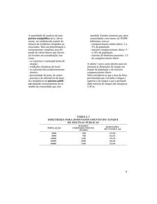 5
1ALEBAT
EUQNATODOTNEMANOISNEMIDARAPSEZIRTERID
SACILBÚPSANICSIPED
OÃÇALUPOP
OMIXÁM
OTNEMICERAPMOC
OIRÁID
SEÕSNEMID
)m(EUQNATOD
0004
0006
00001
00002
00004
005
007
0011
0002
0013
02x21
52x21
03x51
04x02
05x32
A quantidade de usuários de uma
piscina semipública deve, obvia-
mente, ser estabelecido a partir do
número de residentes, hóspedes ou
associados. Mas sua determinação é
extremamente complexa, pois de-
pende de vários fatores que devem
ser levados em consideração, tais
como:
- se a piscina é o principal ponto de
atração.
- condições climáticas do local.
- se a piscina terá condicionamento
térmico.
- proximidade de praia, de outras
piscinas e de alternativas de lazer.
Já a freqüência em piscinas públi-
cas depende essencialmente do ta-
manho da comunidade que será
atendida. Estudos mostram que, para
comunidades com menos de 30.000
habitantes, tem-se:
- comparecimento médio diário: 2 a
3% da população.
- máximo comparecimento diário: 5
a 10% da população.
- máximo de banhistas presentes: 1/3
do comparecimento diário.
A tabela 1 serve como diretriz para de-
terminar as dimensões do tanque em
função da população e do máximo
comparecimento diário.
Nela considerou-se que a área da faixa
pavimentada que circunda o tanque é
superior à do tanque e que a profundi-
dade máxima do tanque não ultrapassa
1,50 m.
 