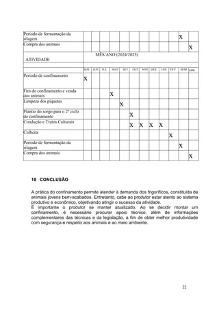 22
Periodo de fermentação da
silagem x
Compra dos animais
x
ATIVIDADE
MÊS/ANO (2024/2025)
MAI JUN JUL AGO SET OUT NOV DEZ JAN FEV MAR ABR
Periodo de confinamento
x
Fim do confinamento e venda
dos animais x
Limpeza dos piquetes
x
Plantio do sorgo para o 2º ciclo
do confinamento x
Condução e Tratos Culturais
x x x x
Colheita
x
Periodo de fermentação da
silagem x
Compra dos animais
x
18 CONCLUSÃO

A prática do confinamento permite atender à demanda dos frigoríficos, constituída de
animais jovens bem-acabados. Entretanto, cabe ao produtor estar atento ao sistema
produtivo e econômico, objetivando atingir o sucesso da atividade.
É importante o produtor se manter atualizado. Ao se decidir montar um
confinamento, é necessário procurar apoio técnico, além de informações
complementares das técnicas e da legislação, a fim de obter melhor produtividade
com segurança e respeito aos animais e ao meio ambiente.
 
