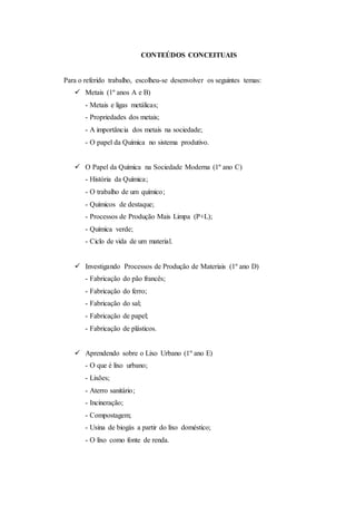 CONTEÚDOS CONCEITUAIS
Para o referido trabalho, escolheu-se desenvolver os seguintes temas:
 Metais (1º anos A e B)
- Metais e ligas metálicas;
- Propriedades dos metais;
- A importância dos metais na sociedade;
- O papel da Química no sistema produtivo.
 O Papel da Química na Sociedade Moderna (1º ano C)
- História da Química;
- O trabalho de um químico;
- Químicos de destaque;
- Processos de Produção Mais Limpa (P+L);
- Química verde;
- Ciclo de vida de um material.
 Investigando Processos de Produção de Materiais (1º ano D)
- Fabricação do pão francês;
- Fabricação do ferro;
- Fabricação do sal;
- Fabricação de papel;
- Fabricação de plásticos.
 Aprendendo sobre o Lixo Urbano (1º ano E)
- O que é lixo urbano;
- Lixões;
- Aterro sanitário;
- Incineração;
- Compostagem;
- Usina de biogás a partir do lixo doméstico;
- O lixo como fonte de renda.
 