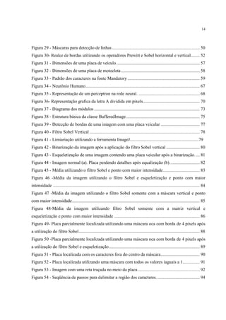14




Figura 29 - Máscaras para detecção de linhas ............................................................................... 50
Figura 30- Realce de bordas utilizando os operadores Prewitt e Sobel horizontal e vertical........ 52
Figura 31 - Dimensões de uma placa de veículo ........................................................................... 57
Figura 32 - Dimensões de uma placa de motocleta ....................................................................... 58
Figura 33 - Padrão dos caracteres na fonte Mandatory ................................................................. 59
Figura 34 - Neurônio Humano....................................................................................................... 67
Figura 35 - Representação de um perceptron na rede neural. ....................................................... 68
Figura 36- Representação grafica da letra A dividida em pixels ................................................... 70
Figura 37 - Diagrama dos módulos ............................................................................................... 73
Figura 38 - Estrutura básica da classe BufferedImage .................................................................. 75
Figura 39 - Detecção de bordas de uma imagem com uma placa veicular ................................... 77
Figura 40 - Filtro Sobel Vertical ................................................................................................... 78
Figura 41 - Limiariação utilizando a ferramenta ImageJ..............................................................79
Figura 42 - Binarização da imagem após a aplicação do filtro Sobel vertical .............................. 80
Figura 43 - Esqueletização de uma imagem contendo uma placa veicular após a binarização. ... 81
Figura 44 - Imagem normal (a). Placa perdendo detalhes após equalização (b). .......................... 82
Figura 45 - Média utilizando o filtro Sobel e ponto com maior intensidade ................................. 83
Figura 46 -Média da imagem utilizando o filtro Sobel e esqueletização e ponto com maior
intensidade .................................................................................................................................... 84
Figura 47 -Média da imagem utilizando o filtro Sobel somente com a máscara vertical e ponto
com maior intensidade ................................................................................................................... 85
Figura 48-Média da imagem utilizando filtro Sobel somente com a matriz vertical e
esqueletização e ponto com maior intensidade ............................................................................. 86
Figura 49- Placa parcialmente localizada utilizando uma máscara oca com borda de 4 pixels após
a utilização do filtro Sobel ............................................................................................................. 88
Figura 50 -Placa parcialmente localizada utilizando uma máscara oca com borda de 4 pixels após
a utilização do filtro Sobel e esqueletização .................................................................................. 89
Figura 51 - Placa localizada com os caracteres fora do centro da máscara ................................... 90
Figura 52 - Placa localizada utilizando uma máscara com todos os valores iaguais a 1 ............... 91
Figura 53 - Imagem com uma reta traçada no meio da placa ........................................................ 92
Figura 54 - Seqüência de passos para delimitar a região dos caracteres. ...................................... 94
 