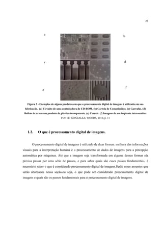 23




                    a
                                                                                      b




                    c                                                                  d




                                                                                          f
                e



   Figura 3 - Exemplos de alguns produtos em que o processamento digital de imagens é utilizado em sua
 fabricação. (a) Circuito de uma controladora de CD-ROM. (b) Cartela de Comprimidos. (c) Garrafas. (d)
 Bolhas de ar em um produto de plástico transparente. (e) Cereais. (f) Imagens de um implante intra-ocultar
                                FONTE: GONZALEZ; WOODS, 2010, p. 11




   1.2.     O que é processamento digital de imagens.


       O processamento digital de imagens é utilizado de duas formas: melhora das informações
visuais para a interpretação humana e o processamento de dados de imagens para a percepção
automática por máquinas. Até que a imagem seja transformada em alguma dessas formas ela
precisa passar por uma série de passos, e para saber quais são esses passos fundamentais, é
necessário saber o que é considerado processamento digital de imagens.Serão esses assuntos que
serão abordados nessa seção,ou seja, o que pode ser considerado processamento digital de
imagens e quais são os passos fundamentais para o processamento digital de imagens.
 