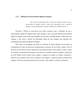 24




       1.2.1.   Definição de Processamento digital de imagens.


                              Não existe um acordo geral entre os autores em relação ao ponto em que o
                       processamento de imagens termina e outras áreas relacionadas, como a análise de
                       imagens e a visão computacional, começam. (GONZALEZ; WOODS, 2010, p.1).


       Gonzales e Woods ao escreverem esse trecho mostram como a definição do que é
processamento digital de imagens pode variar segundo o autor, que pode definir processamento
digital de imagens como sendo uma disciplina na qual tanto a entrada quanto a saída devem ser
imagens, o que torna o cálculo da intensidade média de uma imagem uma operação não
considerada processamento digital de imagens.
       Mas existe um paradigma que pode ser utilizado de forma bastante útil levando em
consideração três tipos de processos computacionais: processos de nível baixo, médio e alto. O
processo de nível baixo envolve operações de pré-processamento, como reduzir o ruído, o realce
de contraste e aguçamento de imagens, nesse processo a entrada e saída são imagens. O processo
de nível médio envolve tarefas como separar a imagem em regiões ou objetos, classificar e
descrever esses objetos, nesse nível a entrada é uma imagem e a saída um objeto extraído dessa
imagem. E por fim o processamento de nível alto que é “dar sentido” ao objeto reconhecido.
 