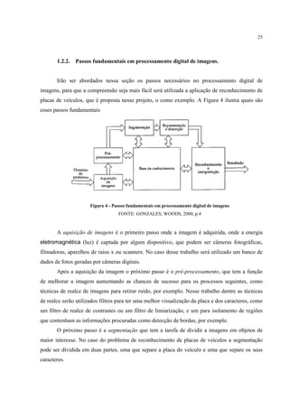 25




       1.2.2.   Passos fundamentais em processamento digital de imagens.


       Irão ser abordados nessa seção os passos necessários no processamento digital de
imagens, para que a compreensão seja mais fácil será utilizada a aplicação de reconhecimento de
placas de veículos, que é proposta nesse projeto, o como exemplo. A Figura 4 ilustra quais são
esses passos fundamentais




                      Figura 4 - Passos fundamentais em processamento digital de imagens
                                   FONTE: GONZALES; WOODS, 2000, p.4



       A aquisição de imagens é o primeiro passo onde a imagem é adquirida, onde a energia
eletromagnética (luz) é captada por algum dispositivo, que podem ser câmeras fotográficas,
filmadoras, aparelhos de raios x ou scanners. No caso desse trabalho será utilizado um banco de
dados de fotos geradas por câmeras digitais.
       Após a aquisição da imagem o próximo passo é o pré-processamento, que tem a função
de melhorar a imagem aumentando as chances de sucesso para os processos seguintes, como
técnicas de realce de imagens para retirar ruído, por exemplo. Nesse trabalho dentre as técnicas
de realce serão utilizados filtros para ter uma melhor visualização da placa e dos caracteres, como
um filtro de realce de contrastes ou um filtro de limiarização, e um para isolamento de regiões
que contenham as informações procuradas como detecção de bordas, por exemplo.
       O próximo passo é a segmentação que tem a tarefa de dividir a imagens em objetos de
maior interesse. No caso do problema de reconhecimento de placas de veículos a segmentação
pode ser dividida em duas partes, uma que separe a placa do veículo e uma que separe os seus
caracteres.
 