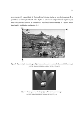 27




componentes: (1) a quantidade de iluminação da fonte que incide na cena da imagem, e (2) a
quantidade de iluminação refletida pelos objetos na cena. Esses componentes são expressos por
i(x,y) e r(x,y) e são chamados de iluminação e refletância como é mostrado na Figura 6. Essas
duas funções combinadas resultam em f(x,y).




Figura 5 - Representação de uma imagem digital com seus eixos x e y e a convenção do ponto inicial para (x, y)
                               FONTE: MARQUES FILHO; VIEIRA NETO, 1999, p. 19




                  Figura 6 - Os componentes iluminação (i) e refletância(r) de uma imagem
                           FONTE: MARQUES FILHO,VIEIRA NETO; 1999; p. 20
 